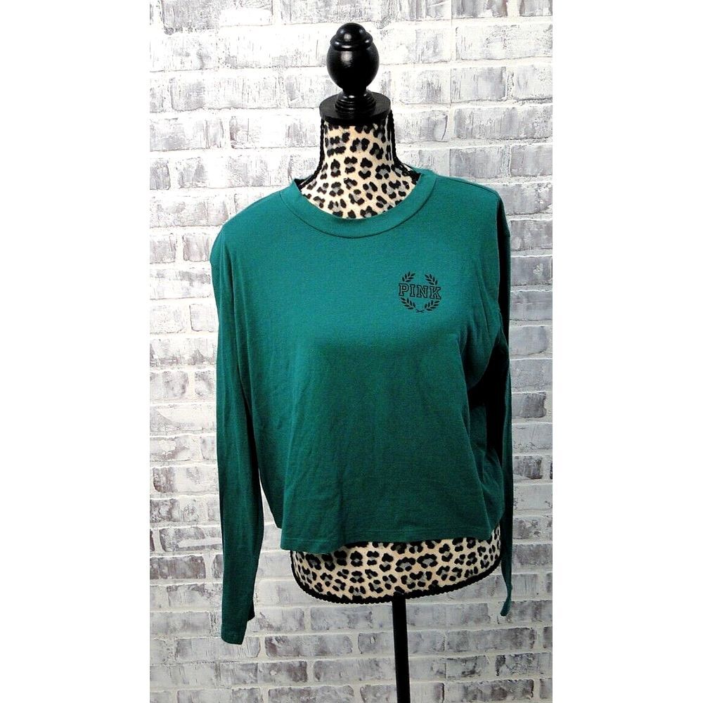 Victorias‎ Secret PINK Crew Neck Long Sleeve CropTop T-Shirt Green Logo Large